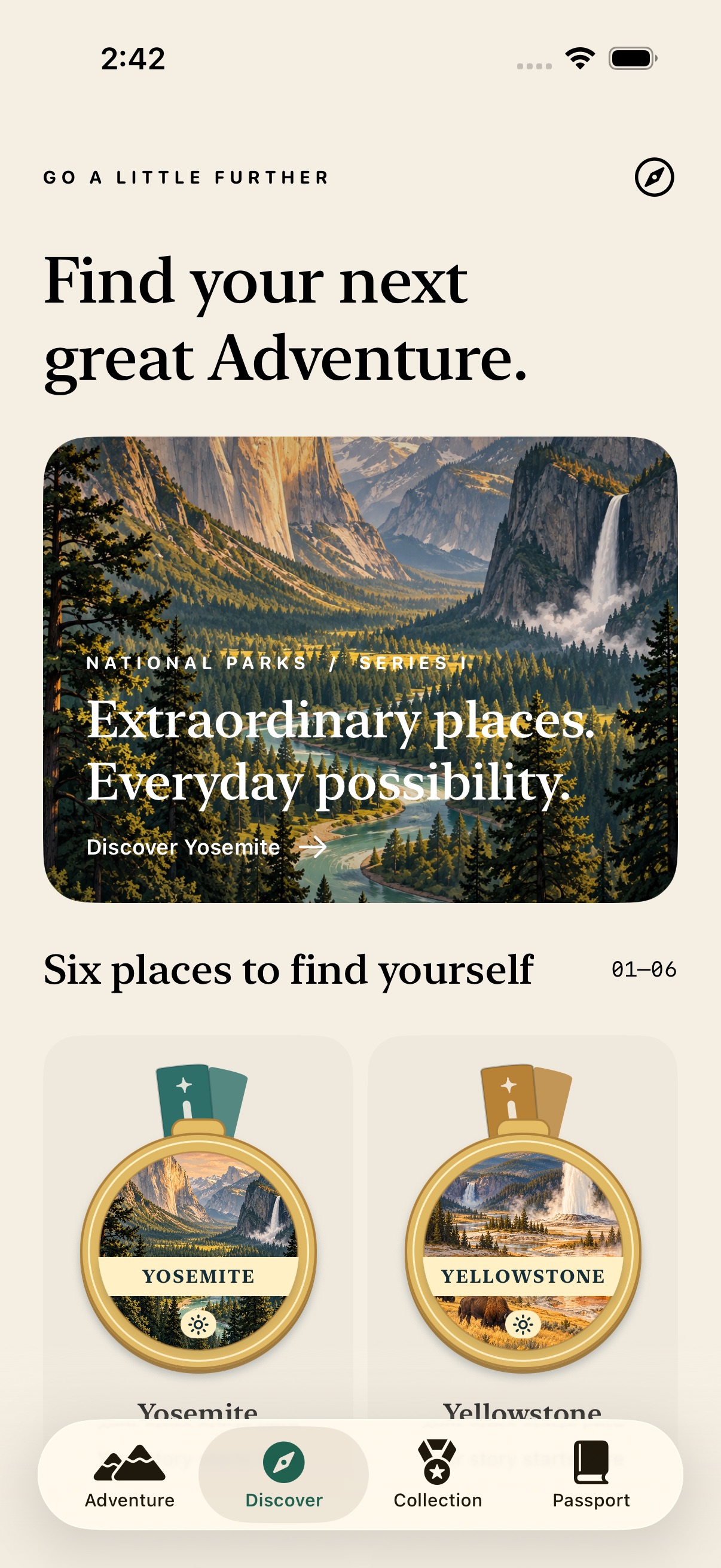 Wonderforth Discover screen with Yosemite and park medals