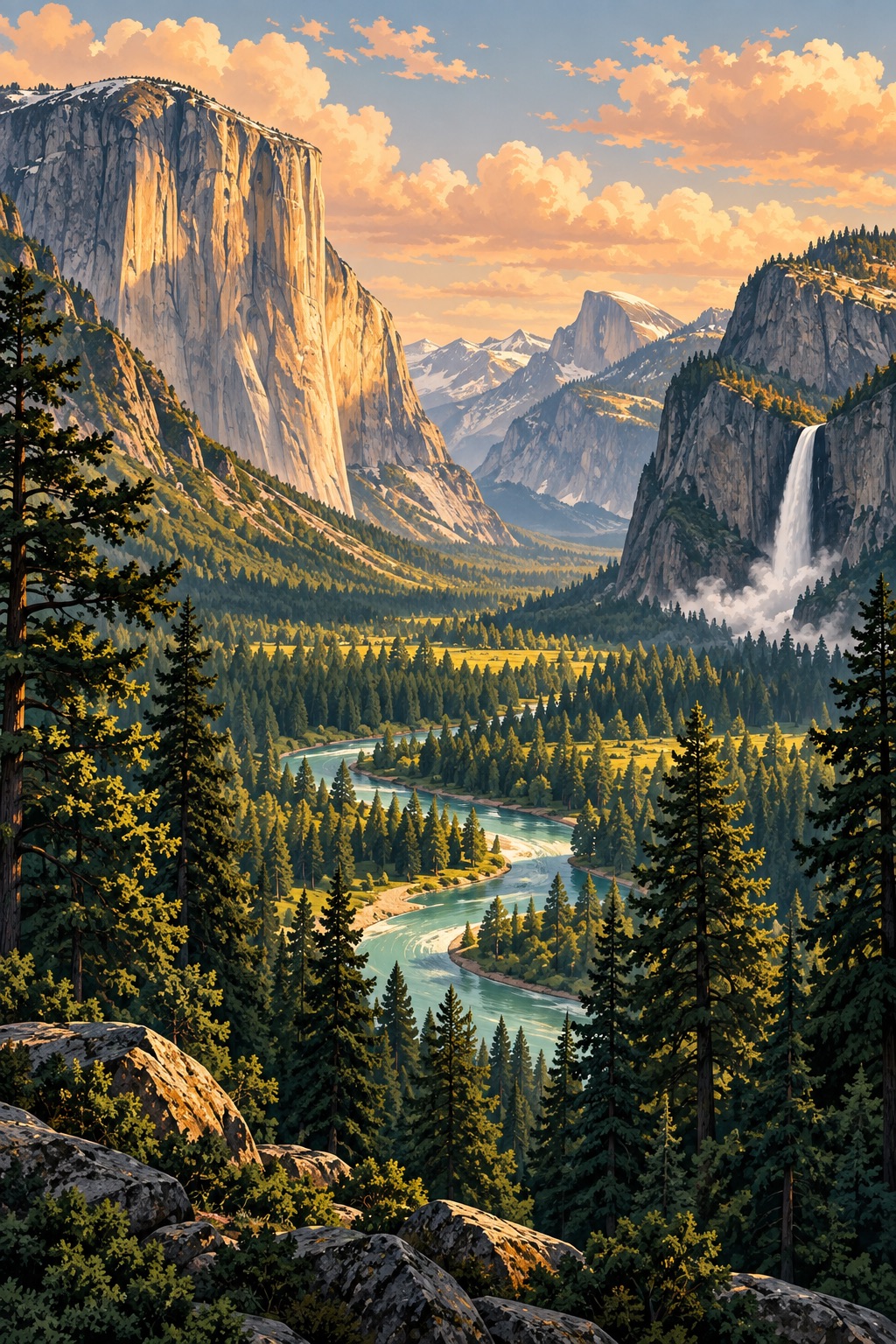 Illustrated Yosemite Valley with granite cliffs, pines, and a winding river