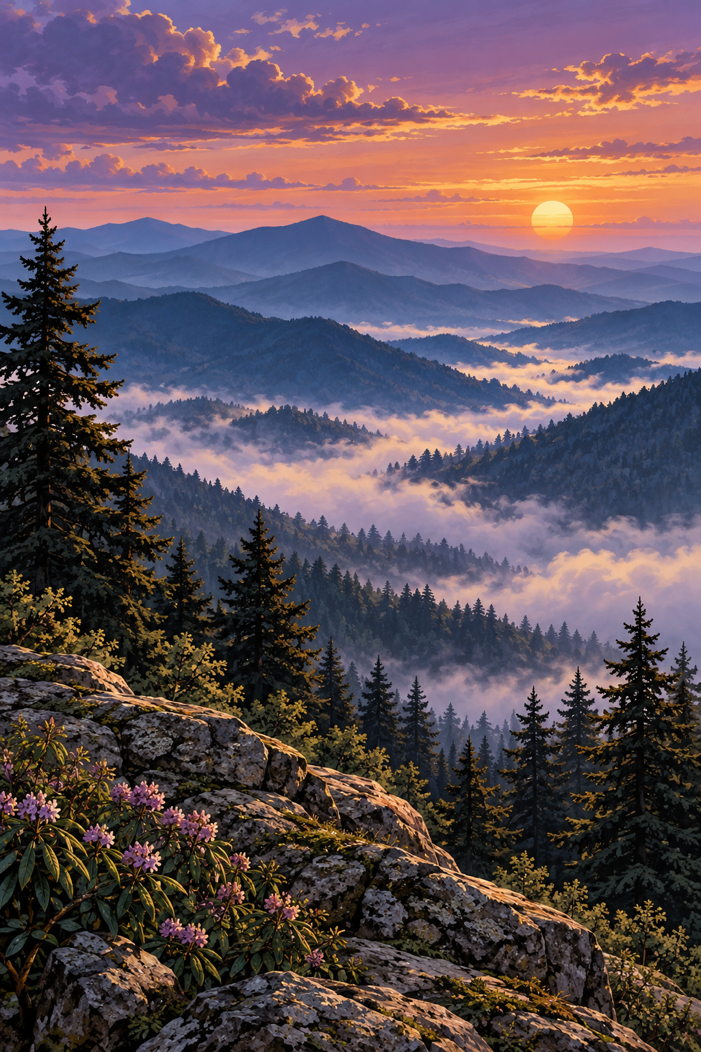 Illustrated landscape of Great Smoky Mountains