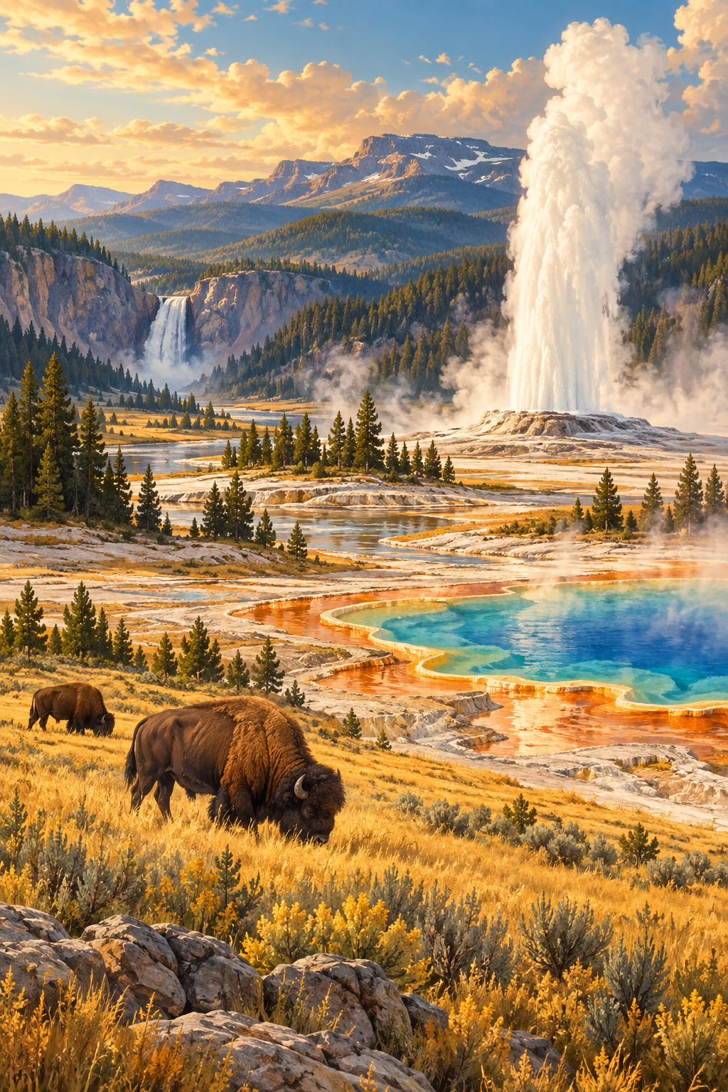 Illustrated landscape of Yellowstone